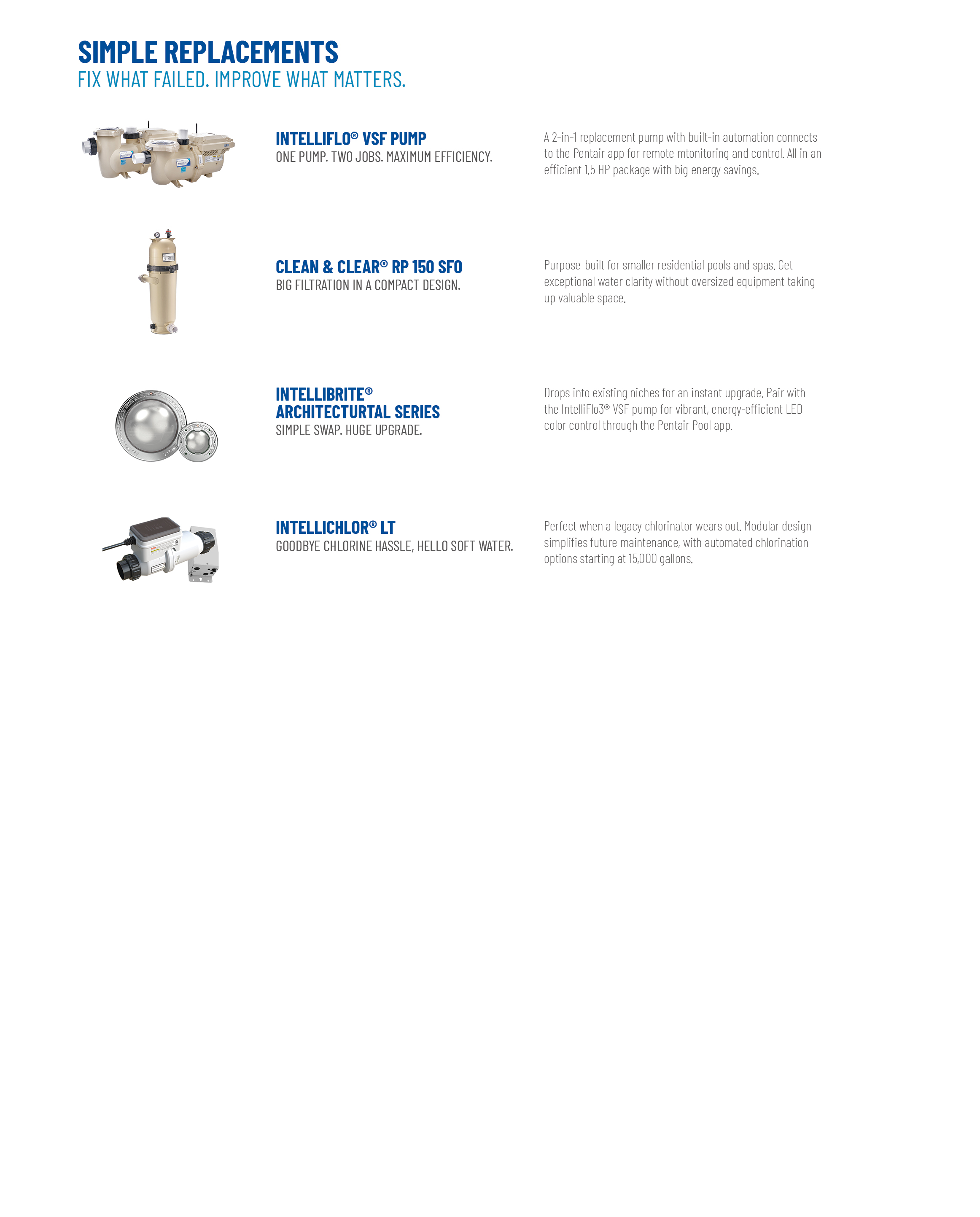 Column listing of basic pentair products. 