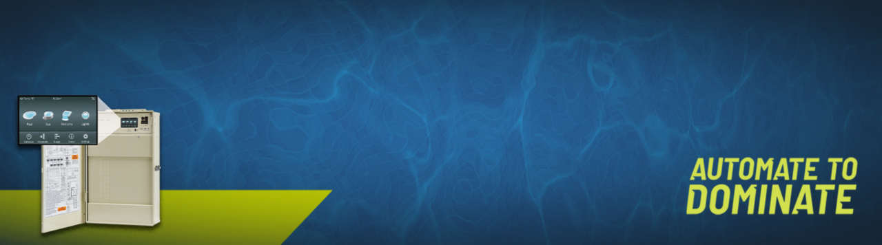 water background with an angled green slash in the bottom left corner. Intellicenter on the left. Text: Automate to Dominate in green on the right. 