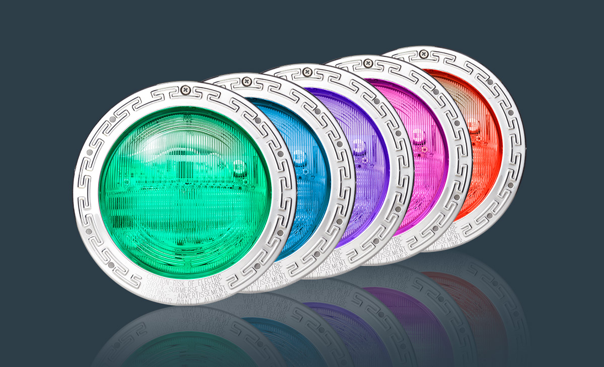 Set of 5 Intellibrite color led pool lights in green, blue, purple, pink, and orange.